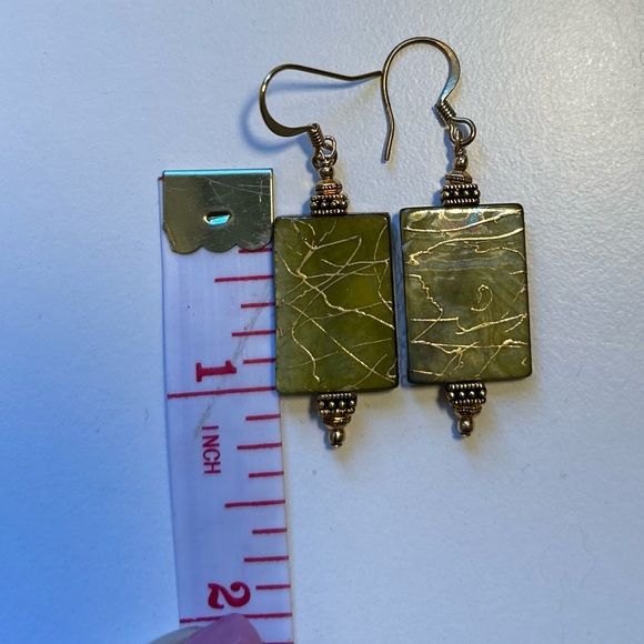 Hand crafted earrings in green with gold running through. Accented w/gold beads - Picture 3 of 4